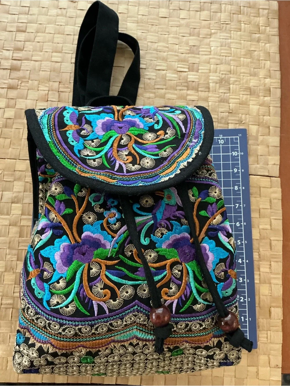 Embroidered Floral Drawstring Backpack - Black & Multicolor